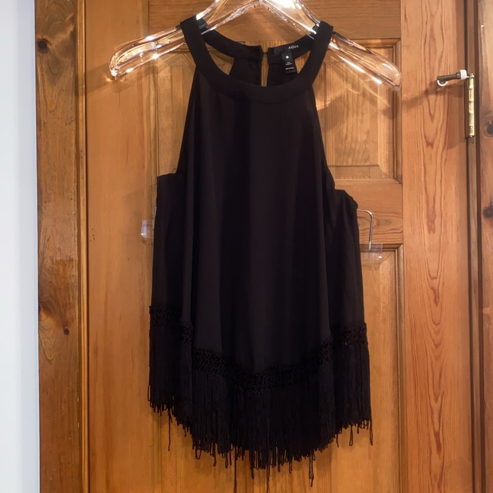 Aqua Bloomingdales Black Boho Fringe Tank Top